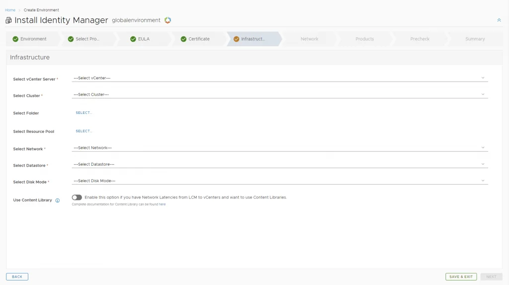 Infrastructure setup screen for deploying vIDM in VCF 4 environment.
