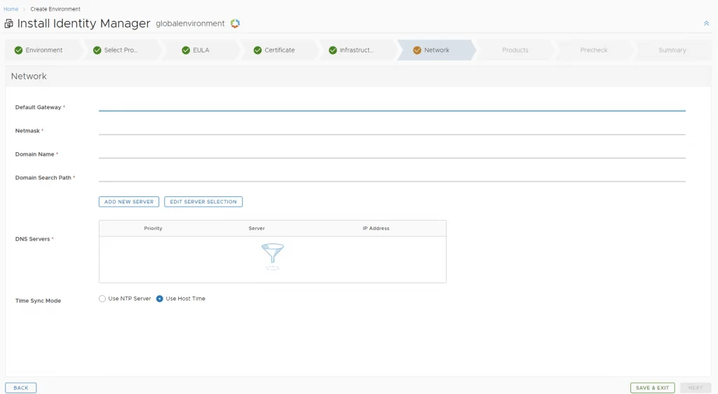 Network configuration screen for Identity Manager installation. Fill in details and click Next.