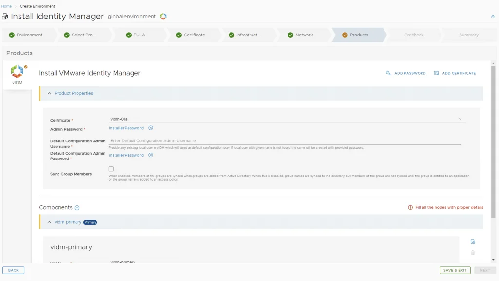 Installing VMware Identity Manager in a VCF 4 environment, filling product details.