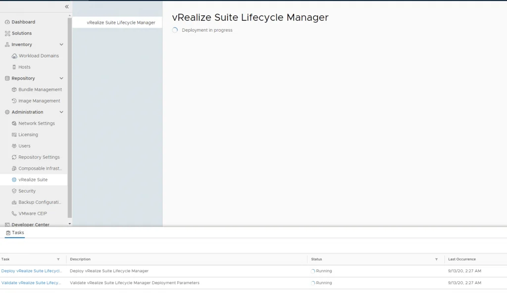 Deploying vRealize Suite Lifecycle Manager in progress.