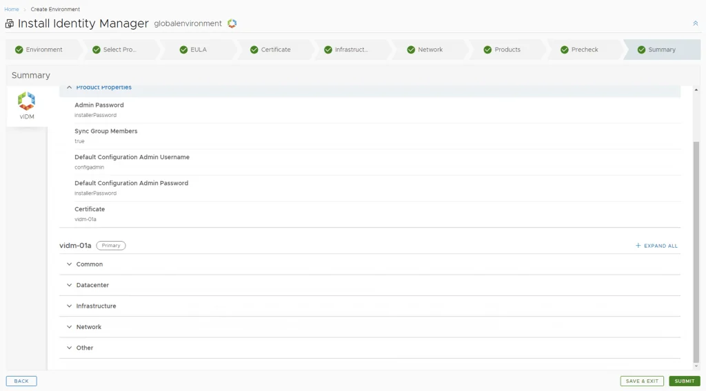 Identity Manager installation summary shows admin password, sync group, and certificate details. Click Submit to proceed.
