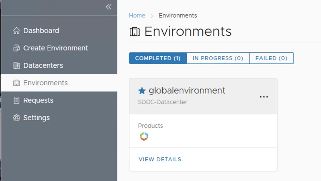 The image shows a completed environment named “globalenvironment” under the Environments tab in a deployment interface.