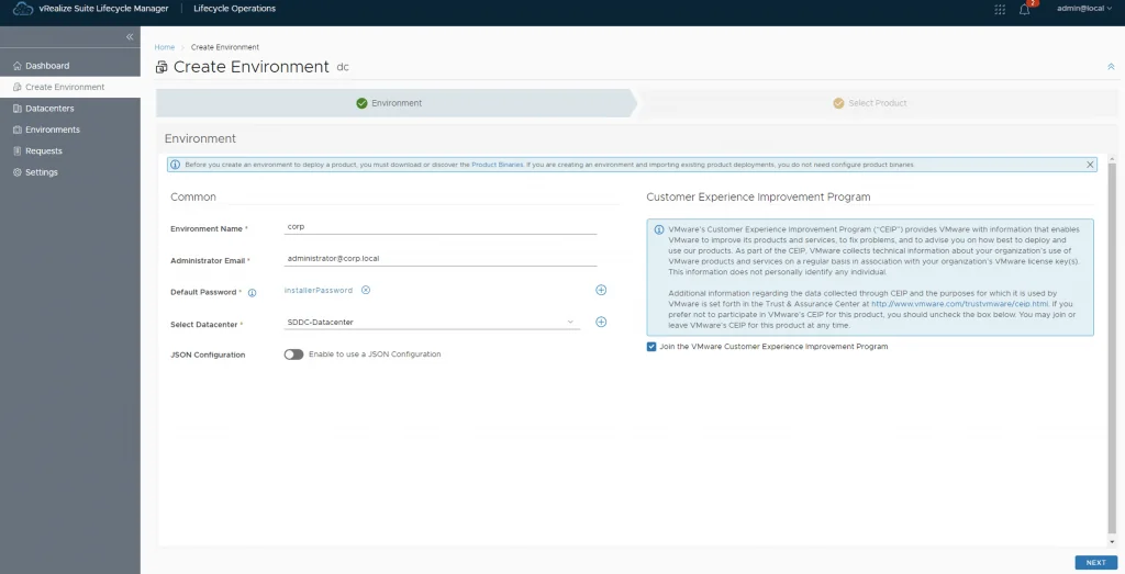 Creating a new environment in vRealize Lifecycle Manager for vRA deployment in a VCF 4 setup.