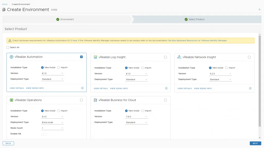 Select vRealize Automation, choose version 8.1.0, and select ‘New Install’, then click ‘Next’.