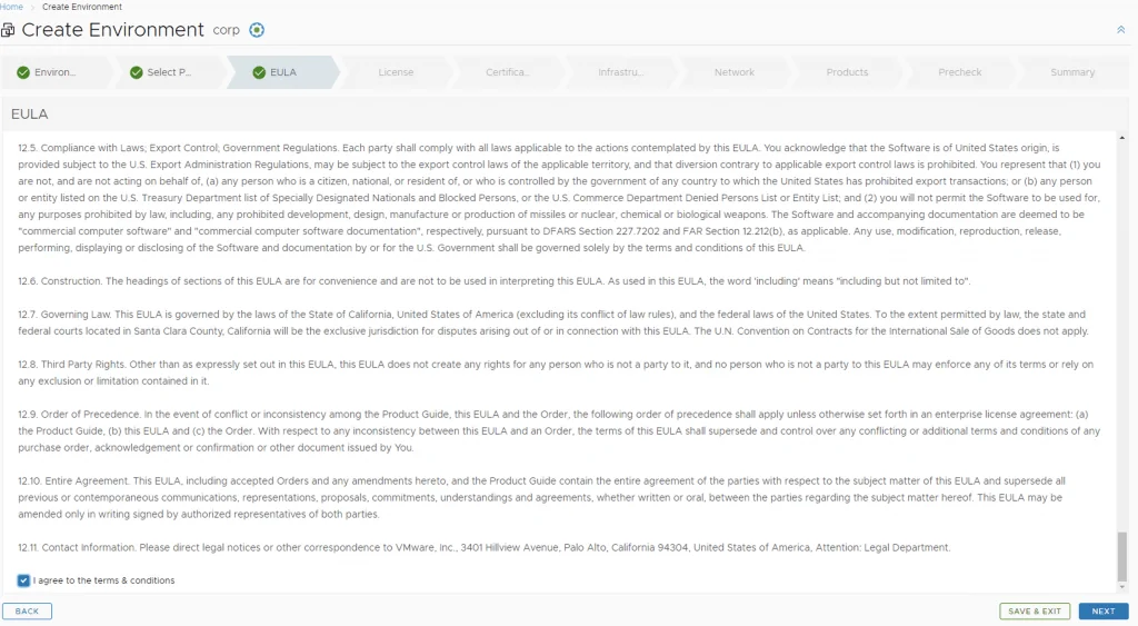 EULA step in vRA deployment wizard; review terms, check box, Next button visible.