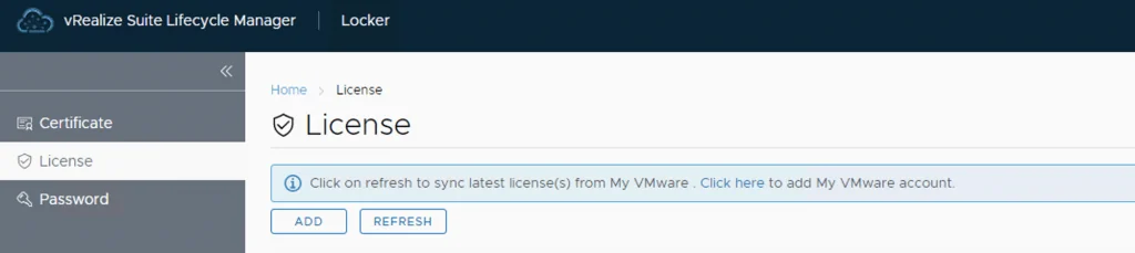 UI shows License tab in vRealize Lifecycle Manager with options to add or refresh licenses.