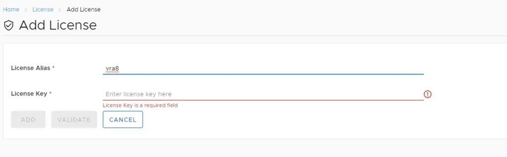 Adding a license key in vRealize Lifecycle Manager for VCF 4.