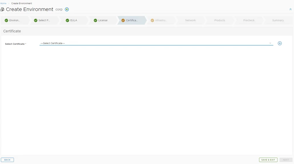 Select certificate in vRA wizard for VCF 4 environment setup.