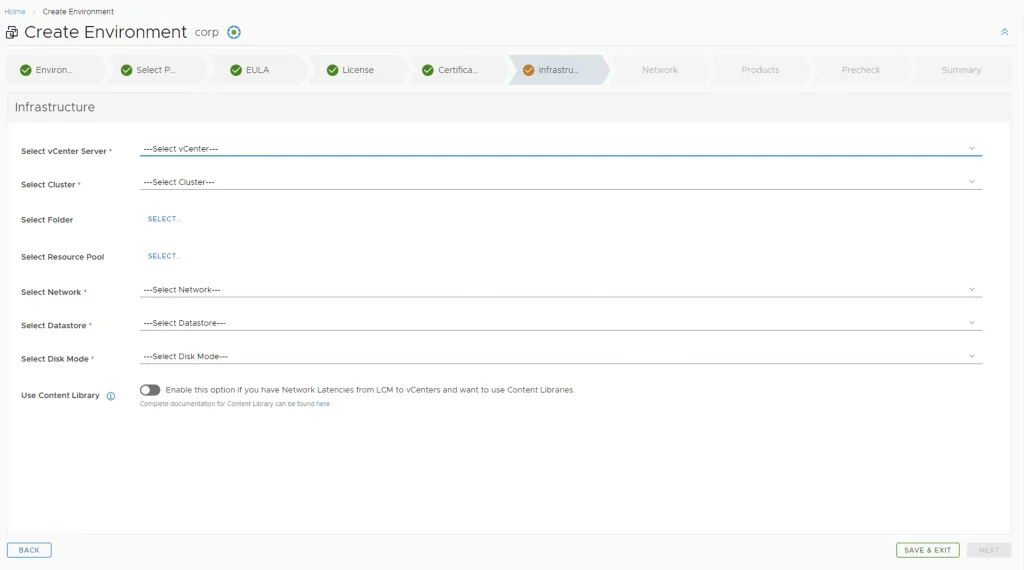 Select vCenter, cluster, network, datastore, and disk mode; then click Next.
