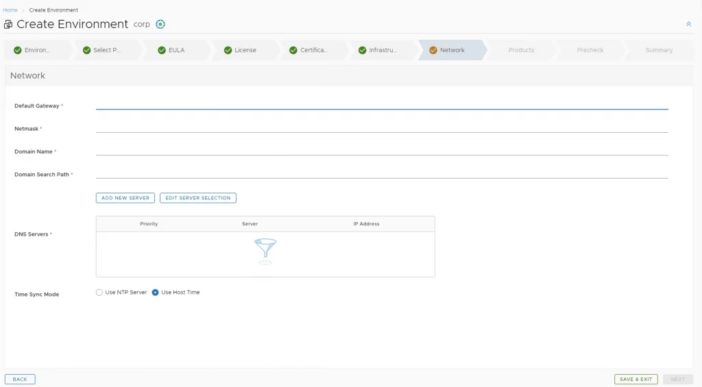 Network configuration screen for vRA deployment; fields include Default Gateway, Netmask, Domain Name, DNS Servers, and Time Sync Mode.