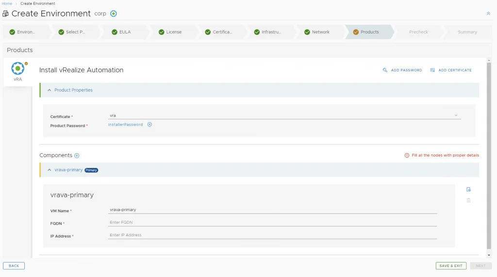 In vRealize Automation setup, specify network details for vRA-primary and click Next.