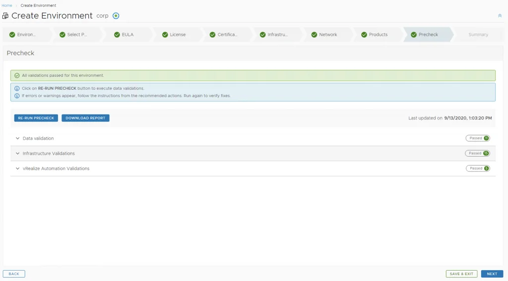 Precheck confirms all validations passed; click Next to proceed.