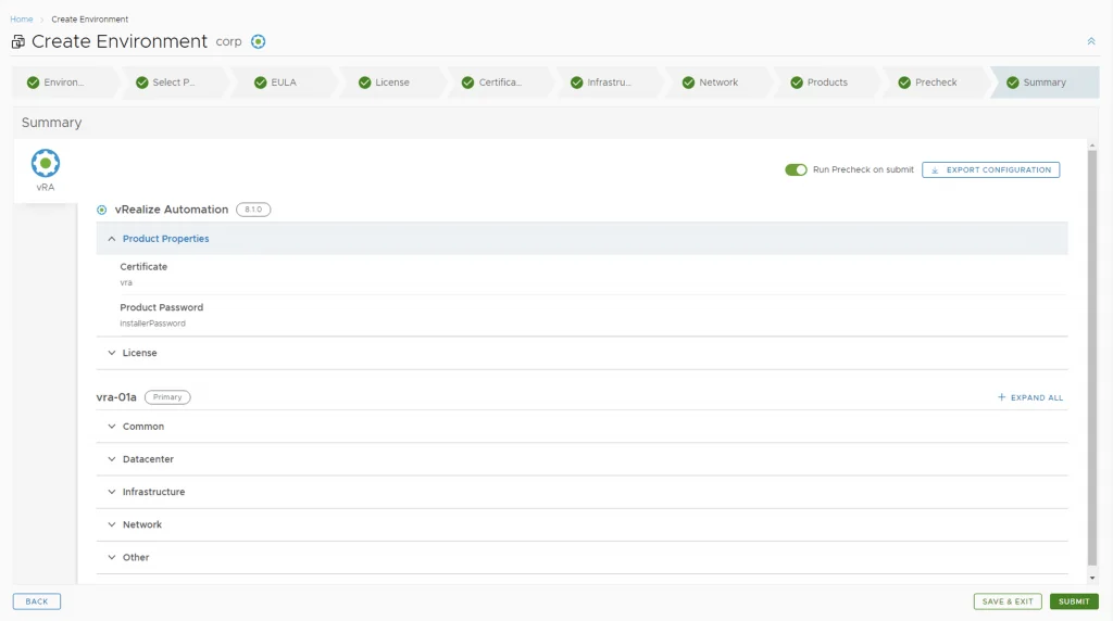 The image shows the “Summary” step of a vRealize Automation deployment wizard. It lists product properties, license, and expandable sections.