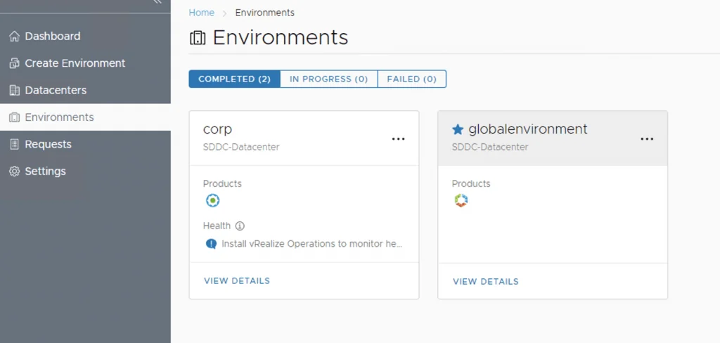 The image shows a vRA environment dashboard with two environments: “corp” and “globalenvironment,” both marked as completed.
