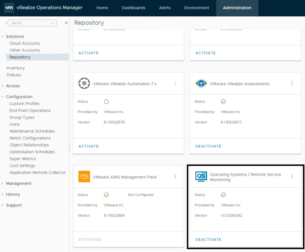 Admin UI shows repository with ‘Activate’ and ‘Deactivate’ options for various management packs.