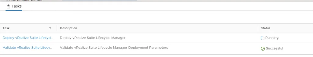 Deploying vRealize Suite Lifecycle Manager; task status shows “Running” and validation is “Successful.