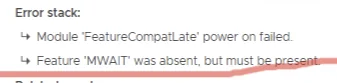 Error stack shows ‘MWAIT’ feature absent, needed for vCLS startup.