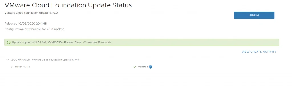 VMware Cloud Foundation Update Status shows the 4.1.0.0 update applied, took 3 minutes 11 seconds. Click Finish to return.