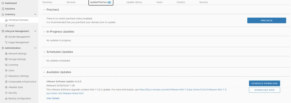 UI shows VMware Software Update 4.1.0.0 with download option.