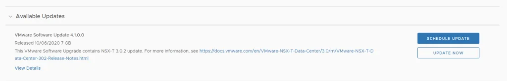 Update Now button visible for VMware Software Update 4.1.0.0.