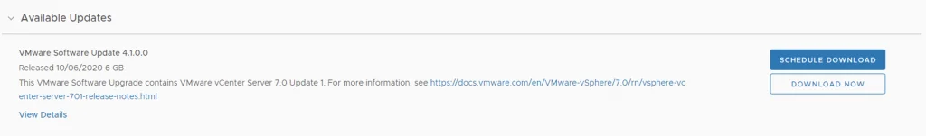 Available VMware Software Update 4.1.0.0 is ready for download.