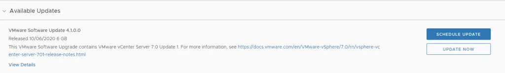 VMware Software Update 4.1.0.0 available; click “Update Now” to proceed.