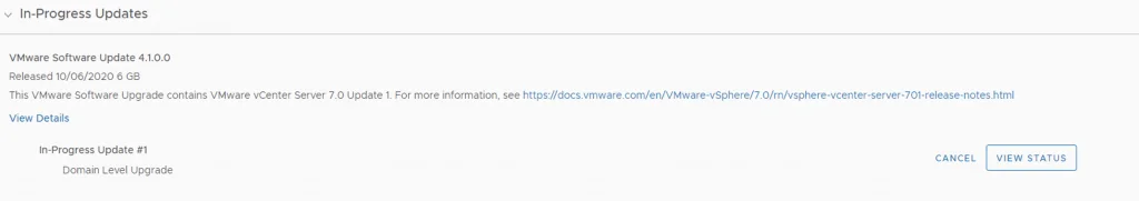 Upgrading to VMware vCenter Server 7.0 Update 1 in progress.
