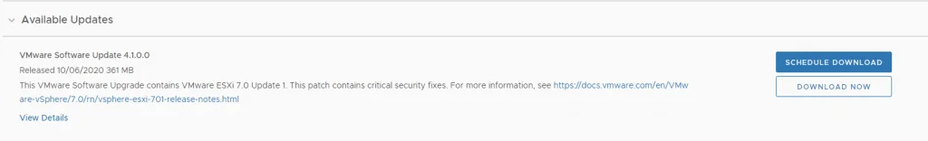 Upgrade page for VMware ESXi 7.0 Update 1 with download options.