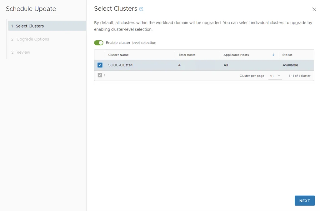 Upgrading VCF 4.0.1.1 to 4.1.0.0: Select Clusters wizard shows SDDC-Cluster1 with 4 total hosts, all applicable, available for upgrade.
