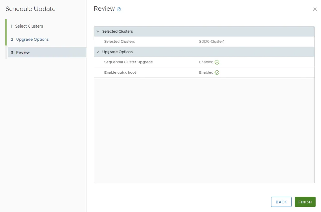 Reviewing upgrade options for SDDC-Cluster1, sequential upgrade enabled.