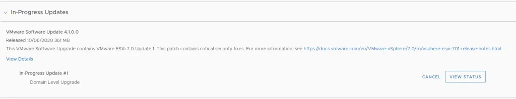 Upgrading VMware ESXi 7.0, showing In-Progress Update #1 status.