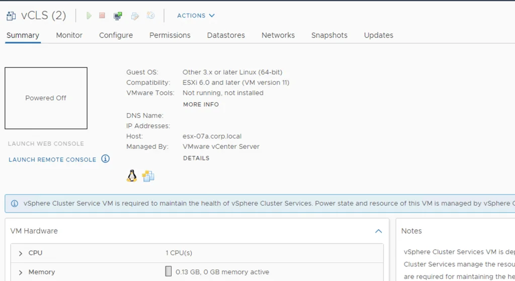 vCLS VM summary shows insufficient resources, CPU: 1, Memory: 0.13 GB, managed by vCenter Server.