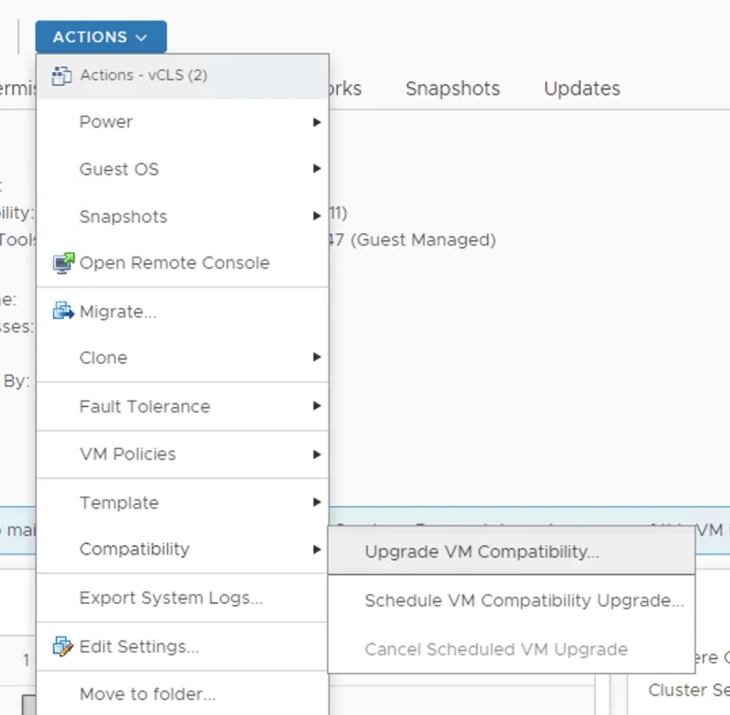 The image shows the “Actions” dropdown menu with options like “Power,” “Guest OS,” and “Snapshots.