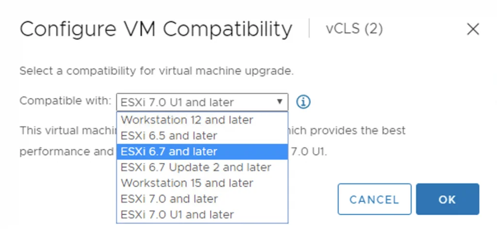 Configure VM Compatibility settings, showing compatibility options for ESXi versions.