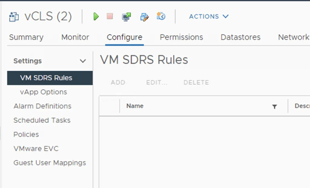 The image shows the Configure tab in vCLS with options like VM SDRS Rules, vApp Options, and Policies.