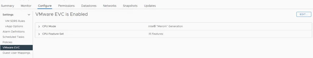 Configure VMware EVC settings, showing CPU mode and feature set.