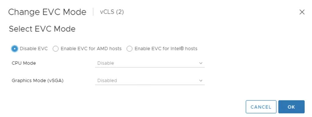 The image shows a “Change EVC Mode” wizard step with options to disable EVC or enable it for AMD or Intel hosts.