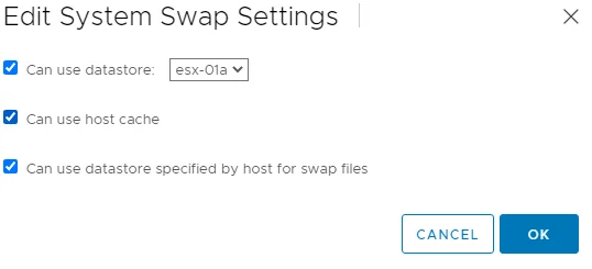 Edit System Swap Settings: Choose datastore, enable host cache, use host-specified datastore.