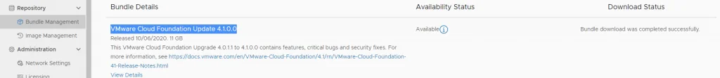 VMware Cloud Foundation Update 4.1.0.0 details: Released 10/06/2020, 11 GB, available for download.