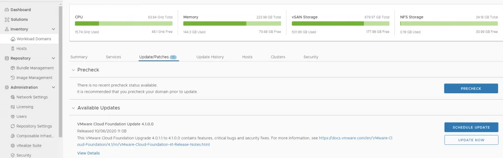 The image shows a VMware Cloud Foundation upgrade screen with CPU, memory, and storage metrics, and a button to precheck or update.