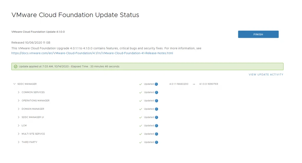 VMware Cloud Foundation Update Status shows upgrade details and progress.