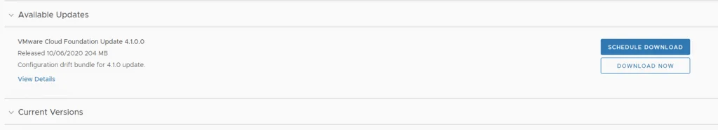 UI shows VMware Cloud Foundation Update 4.1.0.0 with options to download.