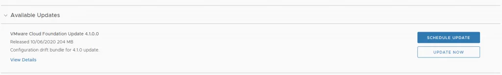 Update page shows VMware Cloud Foundation Update 4.1.0.0 with options to schedule or update now.