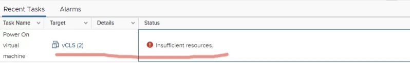 Recent Tasks shows "Power On virtual machine" with "Insufficient resources" error.