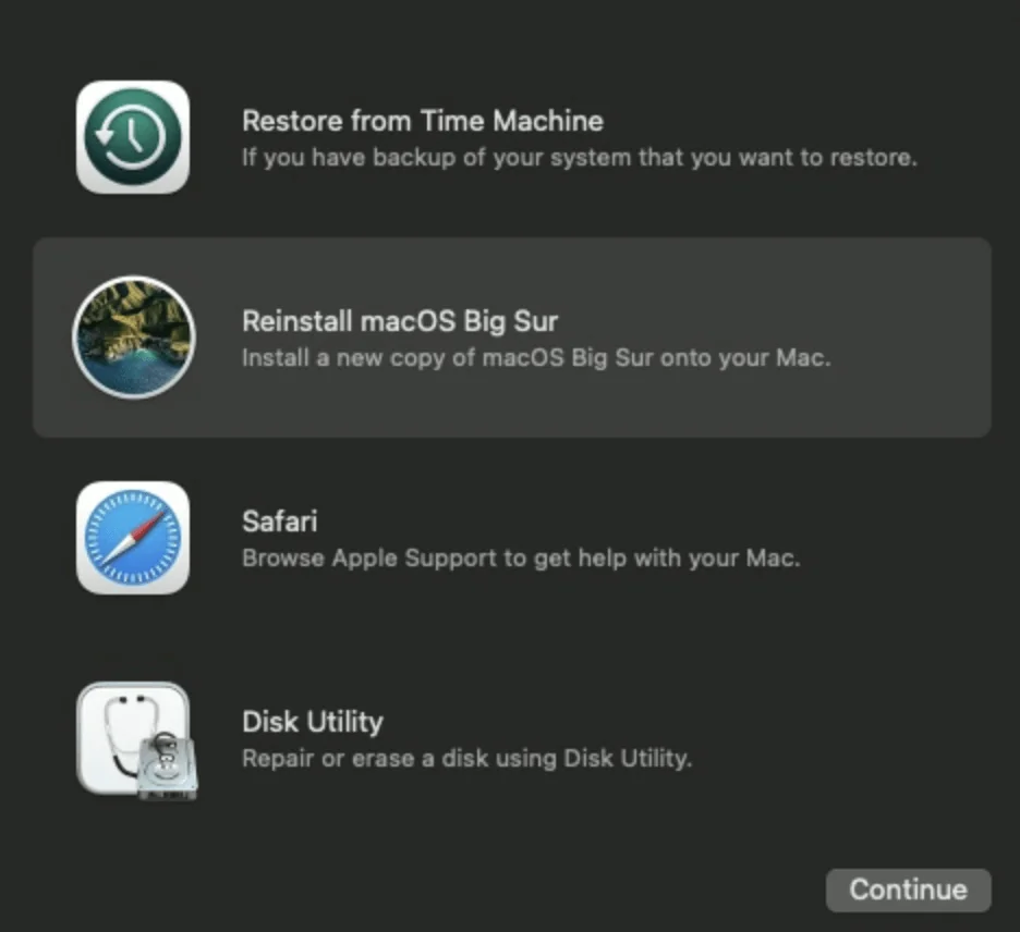 This image shows recovery mode options for a Mac, including Time Machine restore, macOS reinstall, Safari for support, and Disk Utility.