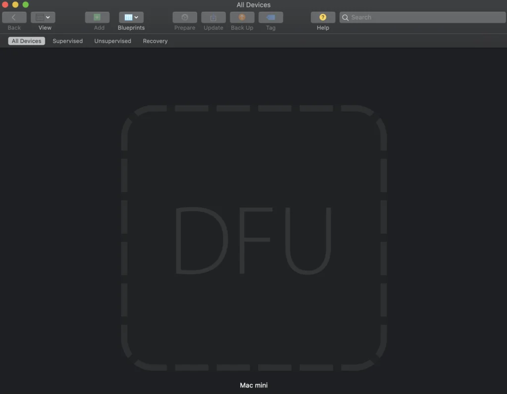 The image shows the DFU screen in Apple Configurator 2, indicating a successful full restore of the Mac mini M1.