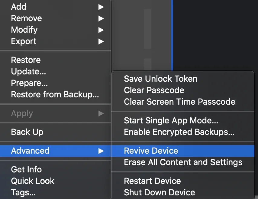 The image shows a Mac menu with “Advanced” selected, leading to options like “Revive Device” for a full restore.