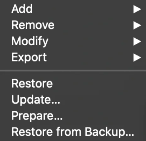 The image shows a menu with options for managing backups and restoring data on a Mac.