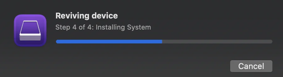 The image shows Step 4 of 4: Installing System during a Mac mini M1 restore using Apple Configurator 2.