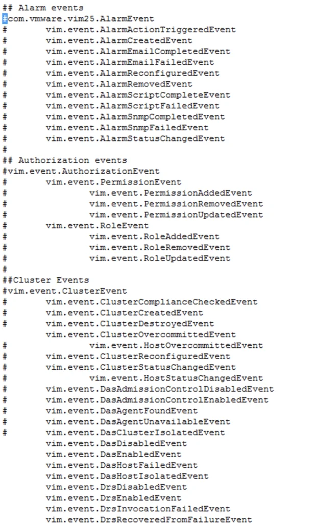 The image lists various event types for vCenter, including Alarm, Authorization, and Cluster events.